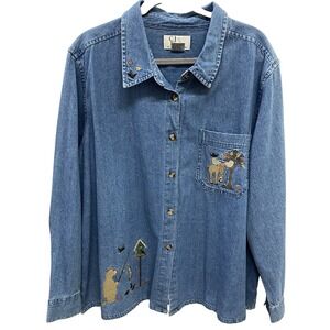 CJ Banks Embroidered Moose Bear Birds Women's 2X Blue Denim Shirt 100% Cotton